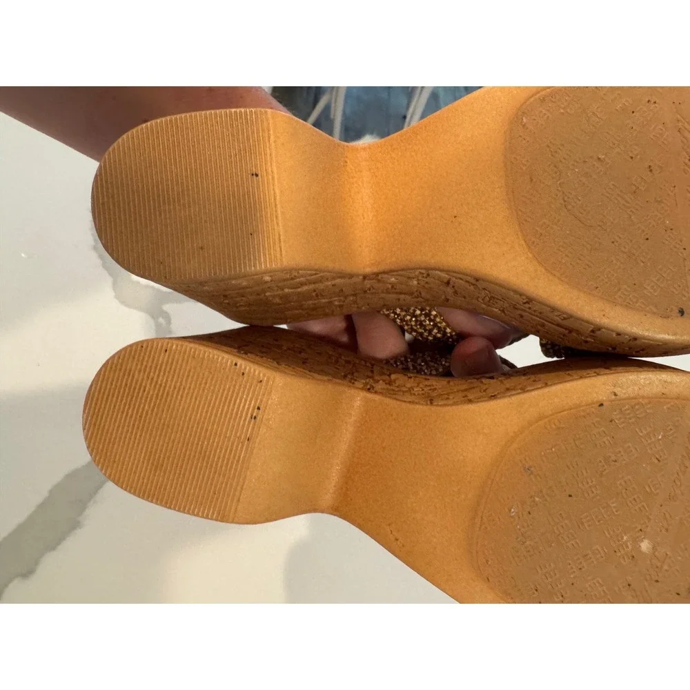 Italian Shoemakers Brown Metallic Woven Cork Wedge Platform Slide Sandals 6.5